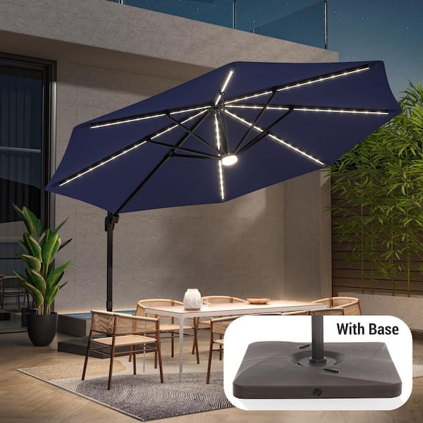 led round offset outdoor patio umbrella PURPLE LEAF 12ft Solar powered Umbrella Large Cantilever Umbrellas with LED lights Windproof Umbrellas Heavy Duty Sun Umbrella for Garden Deck Pool Patio, Black the solar panel provides power for the LED stripes FLAME&SHADE 11ft LED Offset Outdoor