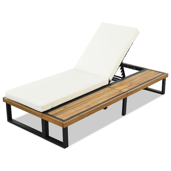 Sudzendf Wood Outdoor Chaise Lounge Chair with Beige Cushions, 5-Position Adjustable Backrest and with Wood Side Table