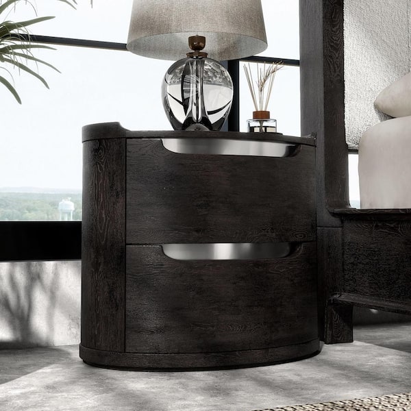Wilter Black 2-Drawer 28 in. W Nightstand with Rounded Edges and Nickel Finish Stainless Steel Trim