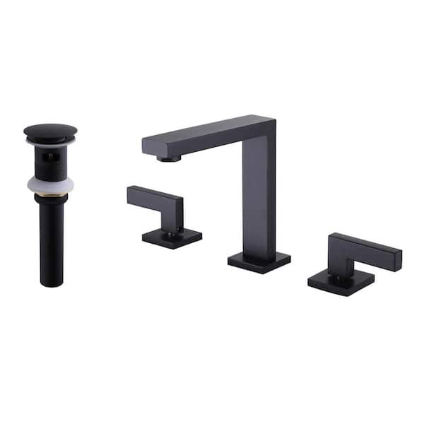 FLG 8 in. Widespread Double Handle Bathroom Sink Faucet with Drain Assembly Modern Brass 3 Hole Basin Taps in Matte Black