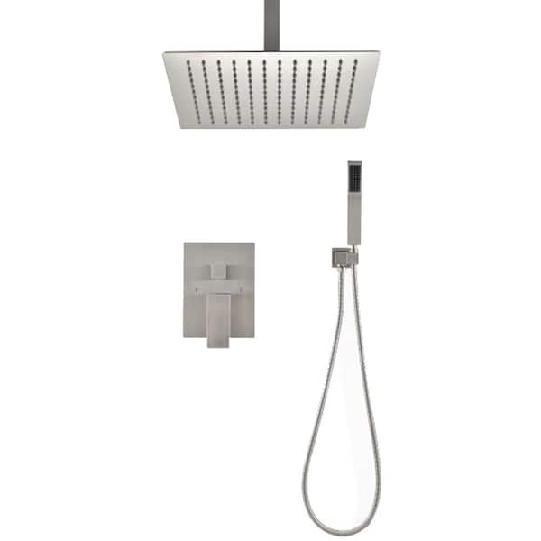 Lukvuzo 16 in. 2-spray Dual 1.75 GPM Shower System Set with Square Head Shower and Handheld Shower in Brushed Nickel