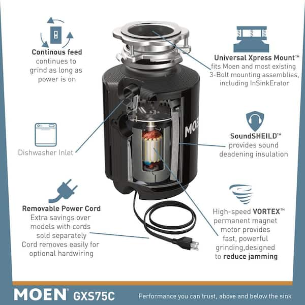 Moen Host Series 3 4 Hp Space Saving Continuous Feed Garbage Disposal With Sound Reduction And Universal Mount Gxs75c The Home Depot