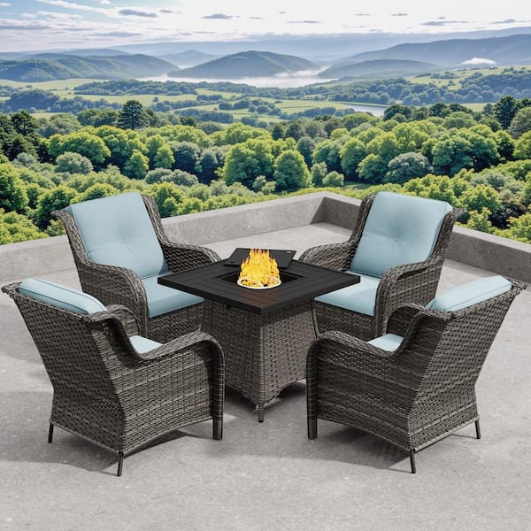 Gardenbee 5-Piece Patio Wicker Outdoor Lounge Chair Set with Baby Blue Cushions and Rectangular Fire Pit Table