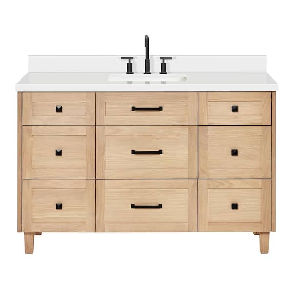 Monroe 55 in. W x 22 in. D x 36 in. H Single Sink Bath Vanity in Oak with Pure White Quartz Top
