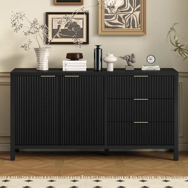 Black Wood 60 in. Sideboards with Handwoven Wood Slat Doors Ideal for Dining Table Area