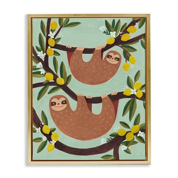 Stupell Industries Sloths on Lemon Tree Branches by Irene Chan Gold Floater Frame Animal Graphic Art Print 21 in. x 17 in.