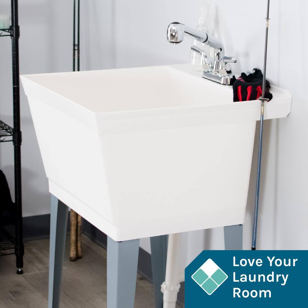White Thermoplastic Freestanding Utility Sink with Pull-Out Faucet