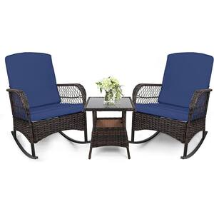 3-Piece Outdoor Wicker Rocking Bistro Set Conversation Chairs with Arm Rest, PE Rocking Chairs Dark Blue Cushion