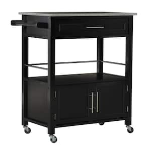 Caitlin Black Rolling Kitchen Cart with Granite Top, Towel Bar, and Storage