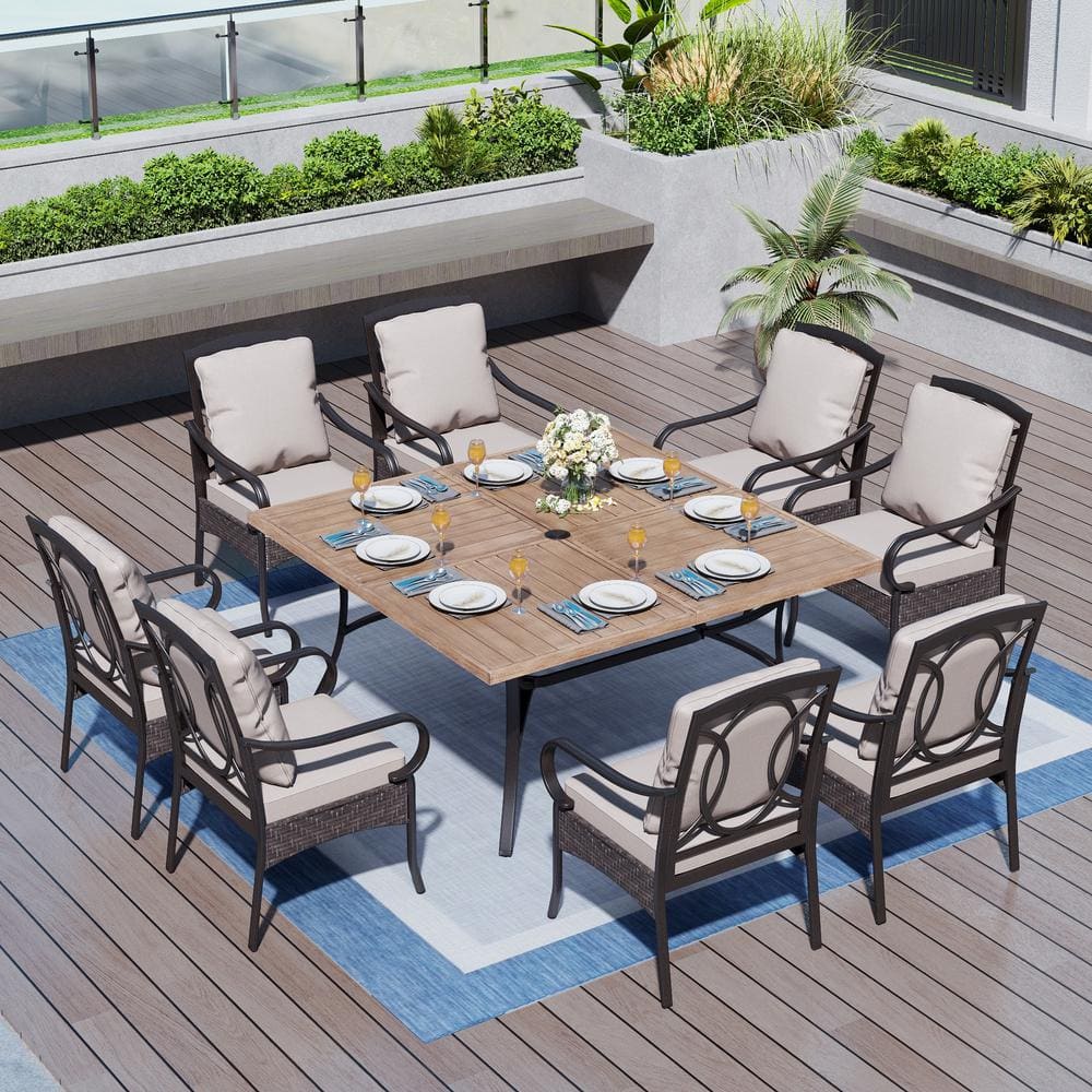 PHI VILLA 9-Piece Metal Patio Outdoor Dining Set with Wood-Look