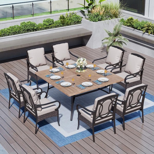 PHI VILLA 9-Piece Metal Patio Outdoor Dining Set with Wood-Look Square Table and Chairs with Beige Cushions