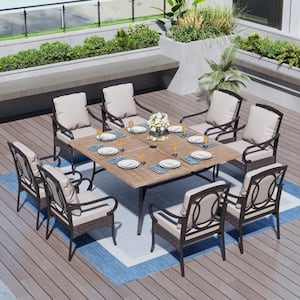 9-Piece Metal Patio Outdoor Dining Set with Wood-Look Square Table and Chairs with Beige Cushions