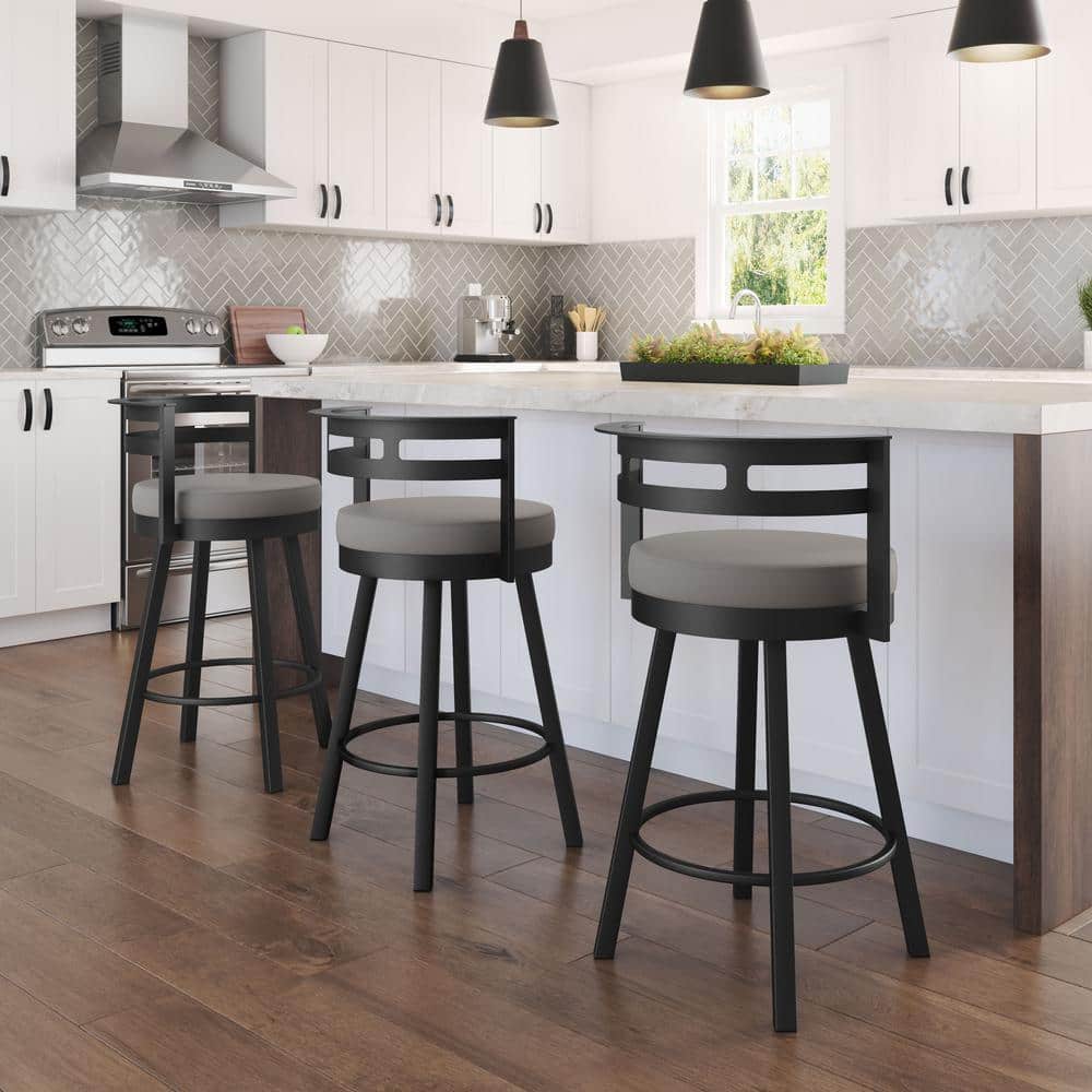 Taupe Grey Faux Leather Swivel Bar Stool with Black Metal Frame