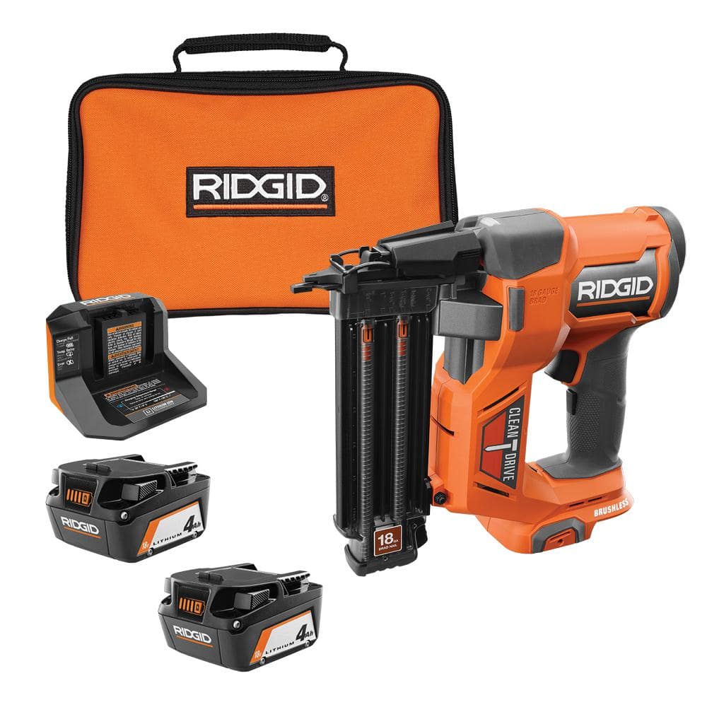 RIDGID 18V Brushless Cordless 18-Gauge 2-1/8 in. Brad Nailer with (2) 4.0 Ah Batteries, Charger, and Bag (R0989193044)