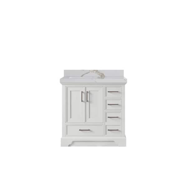 Willow Collections Charlotte 36 in. Left Offset Sink Freestanding White Bath Vanity with Calacatta Gold Qt. Top Unassembled