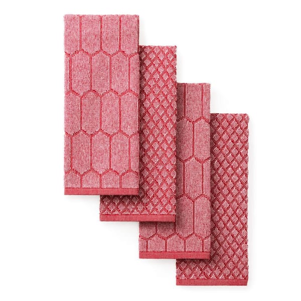 MARTHA STEWART Honeycomb Chambray Solid Textured 16 in. x 28 in. Honeycomb Red Cotton Kitchen Towel Set (4-Piece)