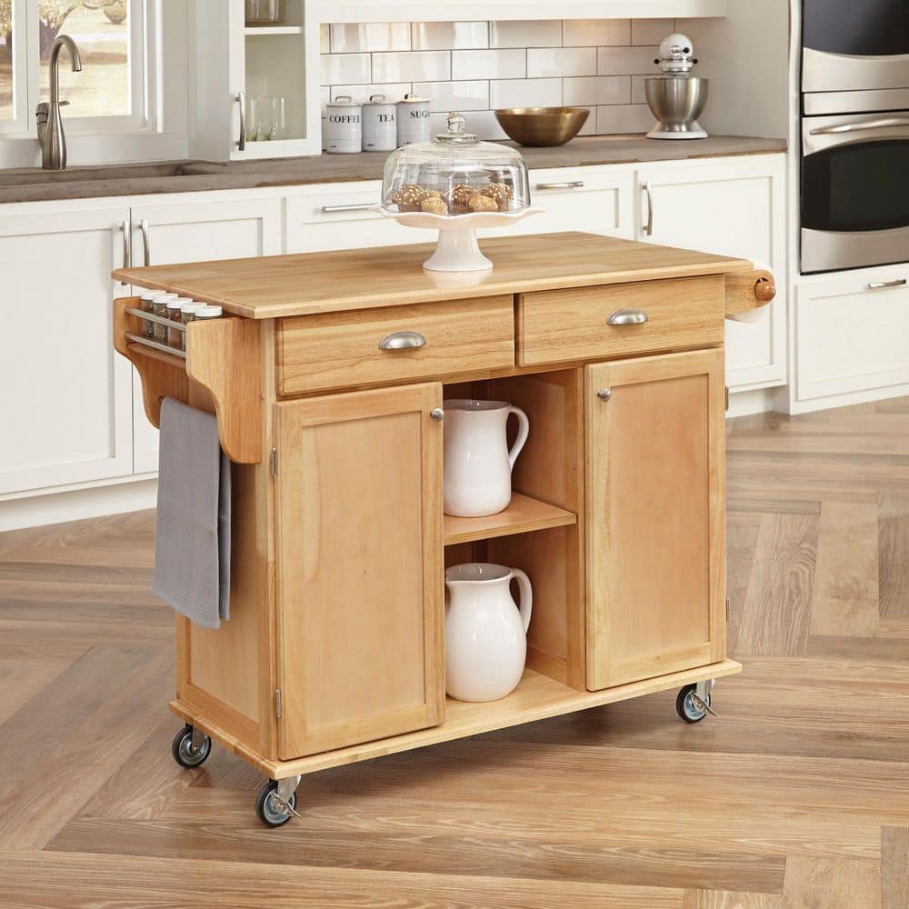 Natural Wood Kitchen Cart with Wine and Spice Rack