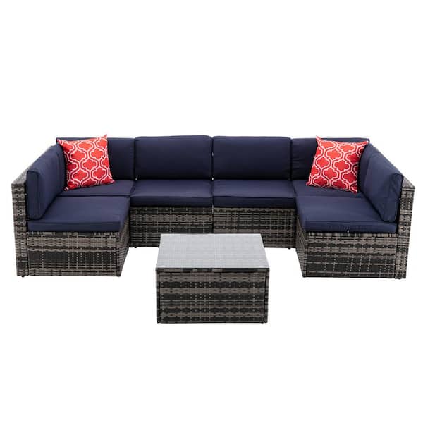 maocao hoom 7-Piece Wicker Patio Conversation Set with Navy Blue Cushions 2 Pillows and Coffee Table