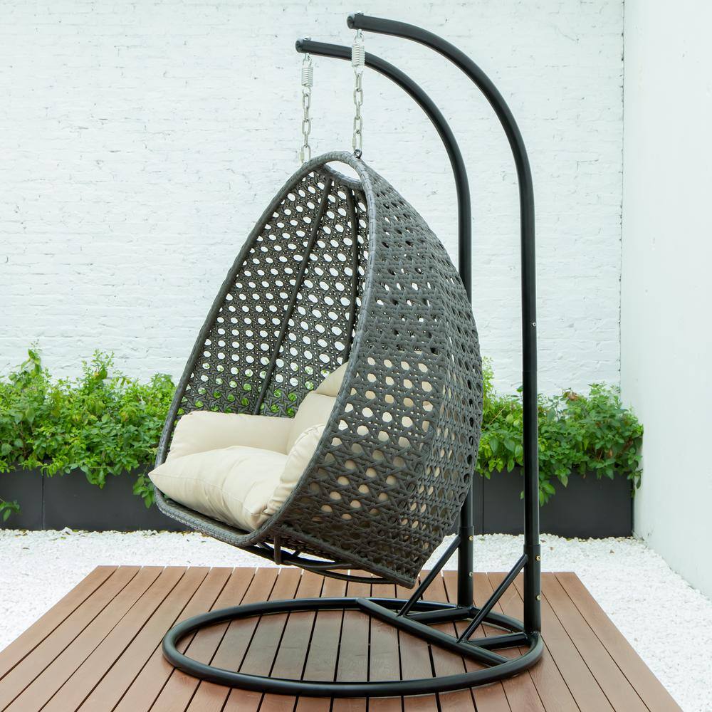 Charcoal Wicker Double Egg Hanging Chair with Taupe Cushions