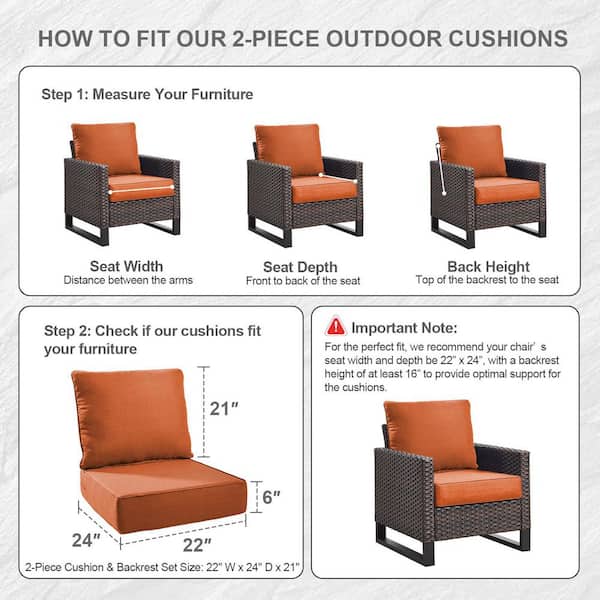 22 in. W x 24 in. D x 6 in. Thick Square 2-Piece Deep Seating Outdoor Lounge Chair Orange Cushion