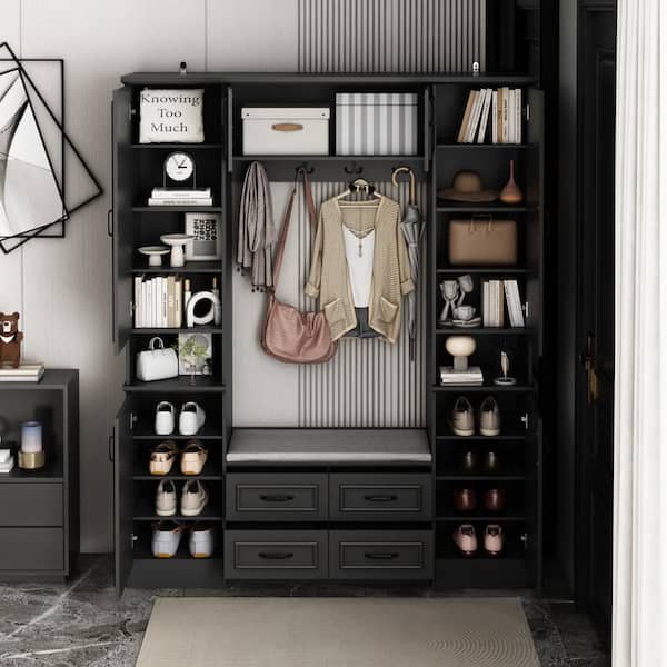 FUFU&GAGA 63 in. W. Black Wood 3-in-1-Hall Tree Shoe Storage