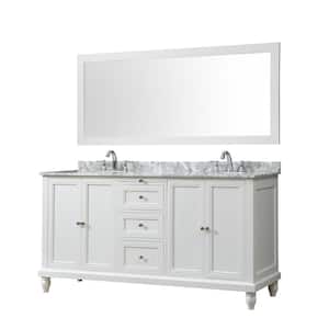 Classic 70 in. Bath Vanity in White with Carrara Marble Vanity Top with White Basins and 1 Large Mirror