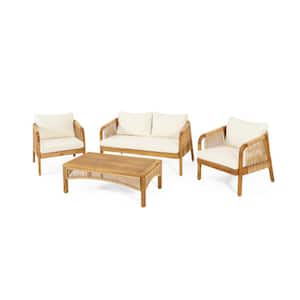 4-Piece Brown Wood Patio Conversation Deep Seating Set with Beige Cushions, Faux Rattan Accents and Coffee Table