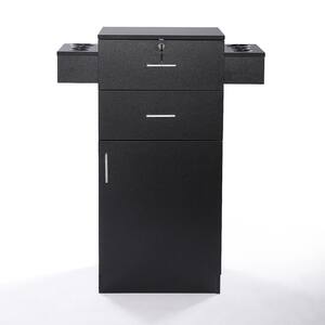 Black Beauty Salon Wood Storage Cabinet w/Hair Dryer Holder, Lockable Styling Station