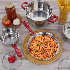 Crawson 7-Piece Stainless Steel Cookware Set in Chrome with Red Handles