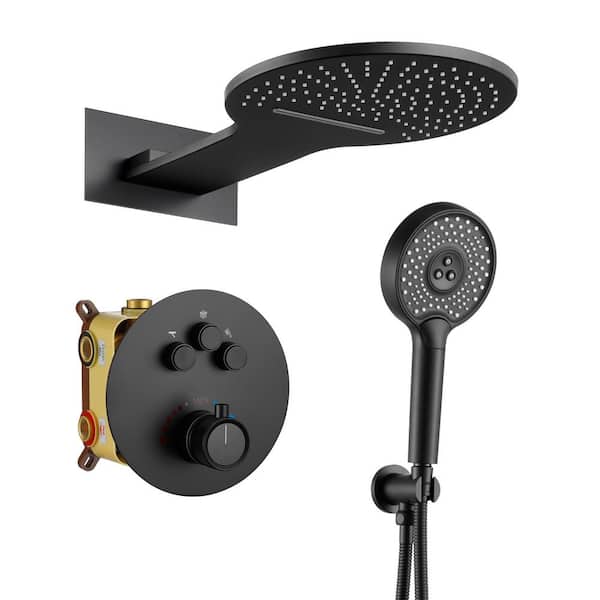 Dimakai Single Handle 3-Spray 2-function Luxury Thermostatic Dual Shower Faucet 2.5 GPM with Waterfall in Mattle Black