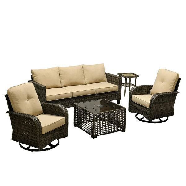 Daphne 5-Piece Wicker Patio Conversation Sofa Seating Set with Swivel Rocking Chairs and Beige Cushions