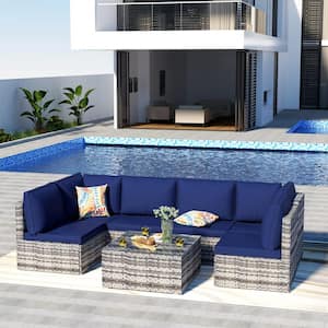 Brown 7-Piece Wicker Outdoor Sectional Set with Navy Blue Cushion and Glass Coffee Table