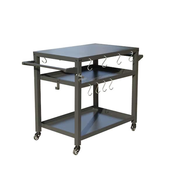 Unbranded Gray 3-Shelf Outdoor Grill Cart with Wheels/Paper Towel Holder/Propane Tank Hook/Bottle Opener/8 Hooks, Iron Countertop
