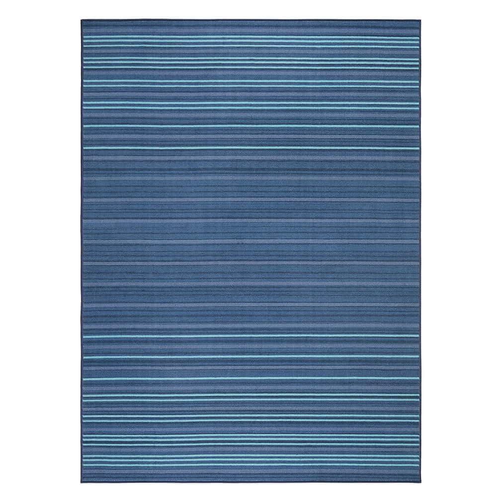 Layne Navy Blue and Light Blue Stripe Washable Synthetic Area Rug