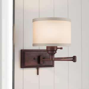 Brookhaven 1-Light Bronze Swing Arm Sconce with Fabric Shade and 6 ft. Cord
