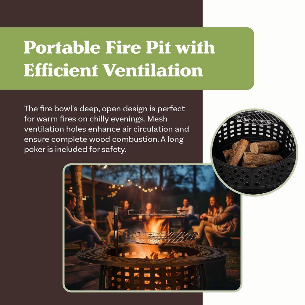 37" Black Steel Round Wood Burning Fire Pit Table with Grills