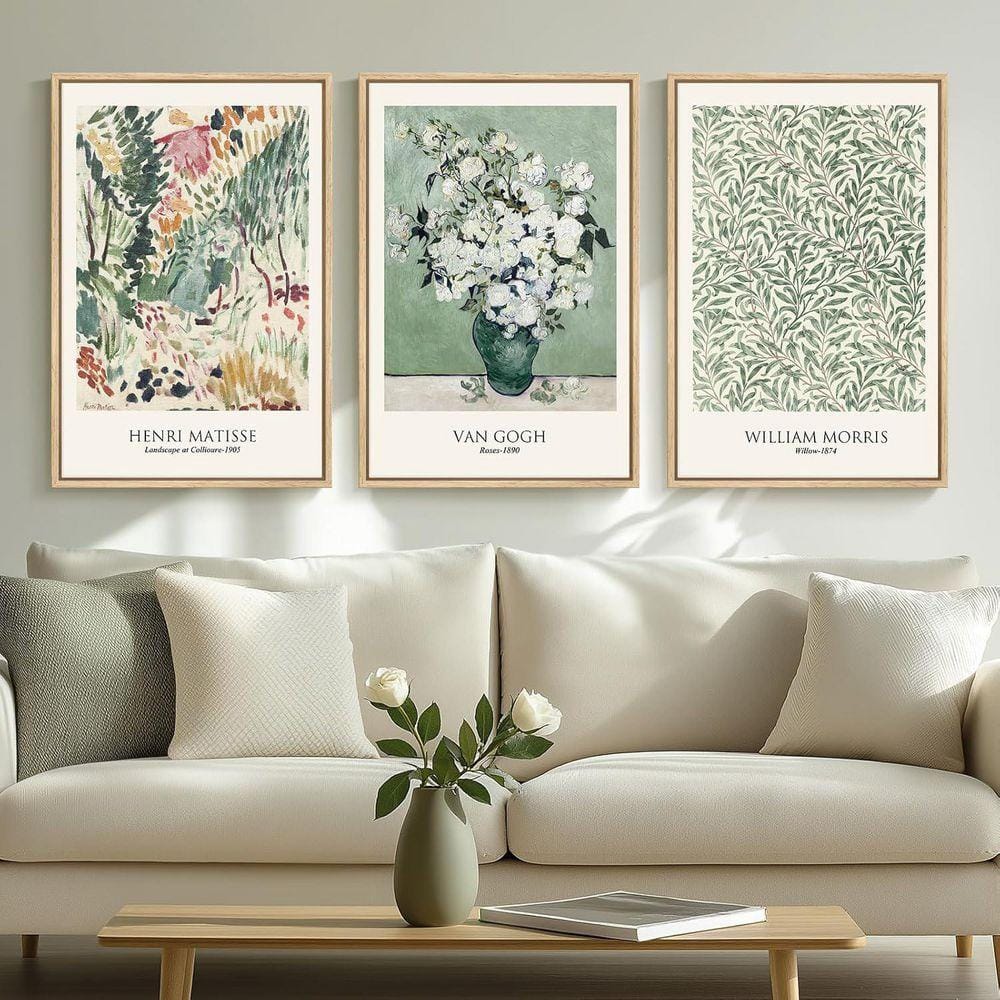 レア/SKOLOCT/CANVAS/ART/3 3 Piece Framed Vintage Sage Green Canvas Painting Artwork Poster