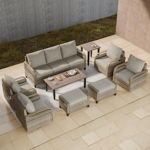 9-Piece Wicker Outdoor Patio Conversation Set Swivel Rocking Chairs with Gray Cushions, Side Table and Coffe Table