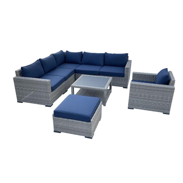 AndMakers Urban Oasis 8-Piece Wicker Rattan Outdoor Sectional Set with Blue Cushions and Coffee Table