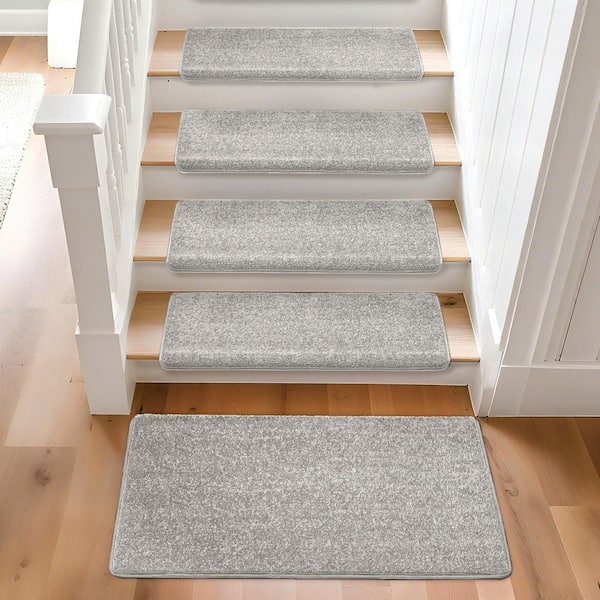 PURE ERA Light Gray 9.5 in. x 30 in. x 1.2 in. Bullnose Polypropylene Non-slip Carpet Stair Tread Cover Landing Mat (Set of 15)