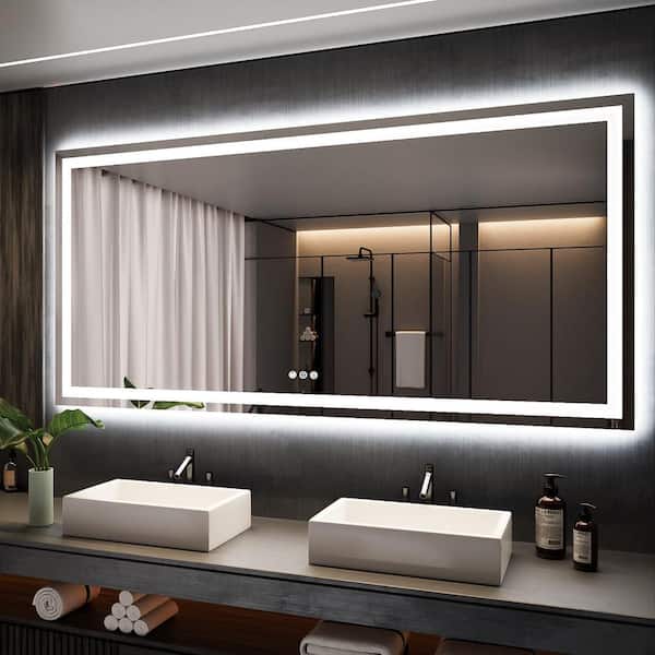 77 in. W x 36 in. H Large Rectangular Frameless Double LED Lights Anti-Fog Wall Bathroom Vanity Mirror in Tempered Glass