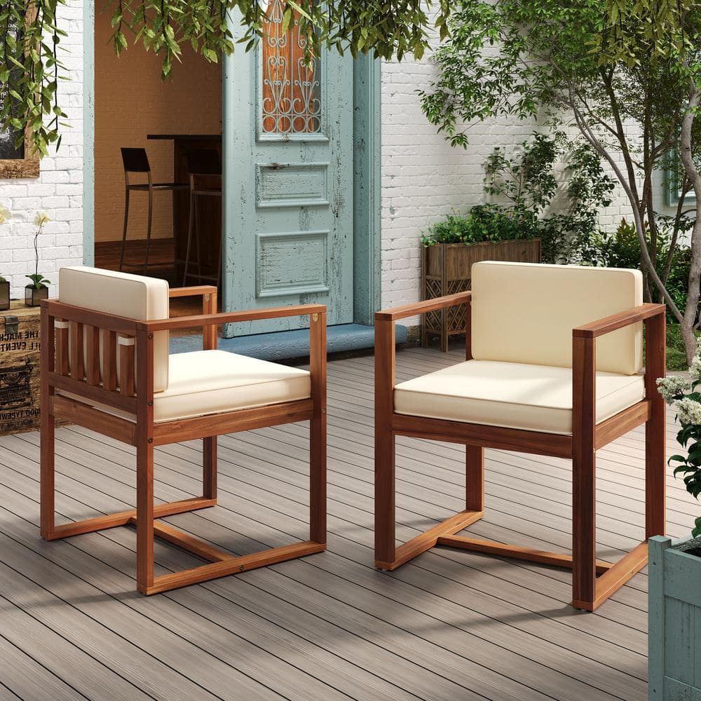 Brown Wood Outdoor Patio Dining Chair with Beige Cushion (2-Pack)