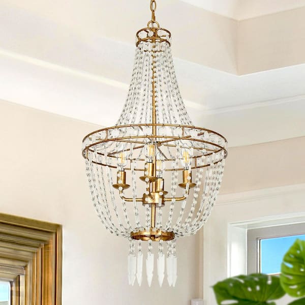 4-Light Antique Gold Candlestick Chandelier with Crystal Beads