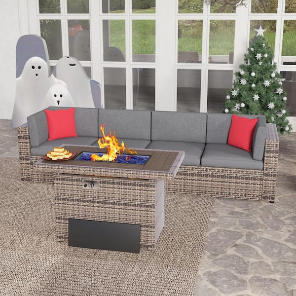 SUNMTHINK 5-Piece Gray Wicker Outdoor Patio Conversation Set with 44 in. Fire Pit and Gray Cushions