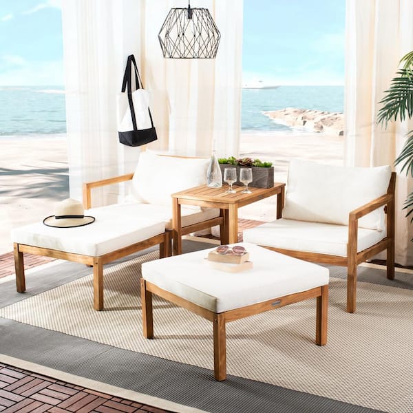 SAFAVIEH Pratia Natural Brown 5-Piece Wood Outdoor Day Bed with Beige Cushions