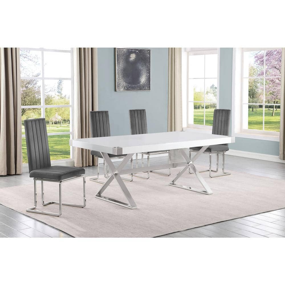Best Quality Furniture Miguel 5Piece Rectangle White Wood Top Silver