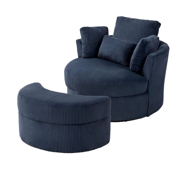 Navy Blue Corduroy Fabric Upholstered Swivel Accent Barrel Chair with Storage Ottoman and Pillows (Set of 1)