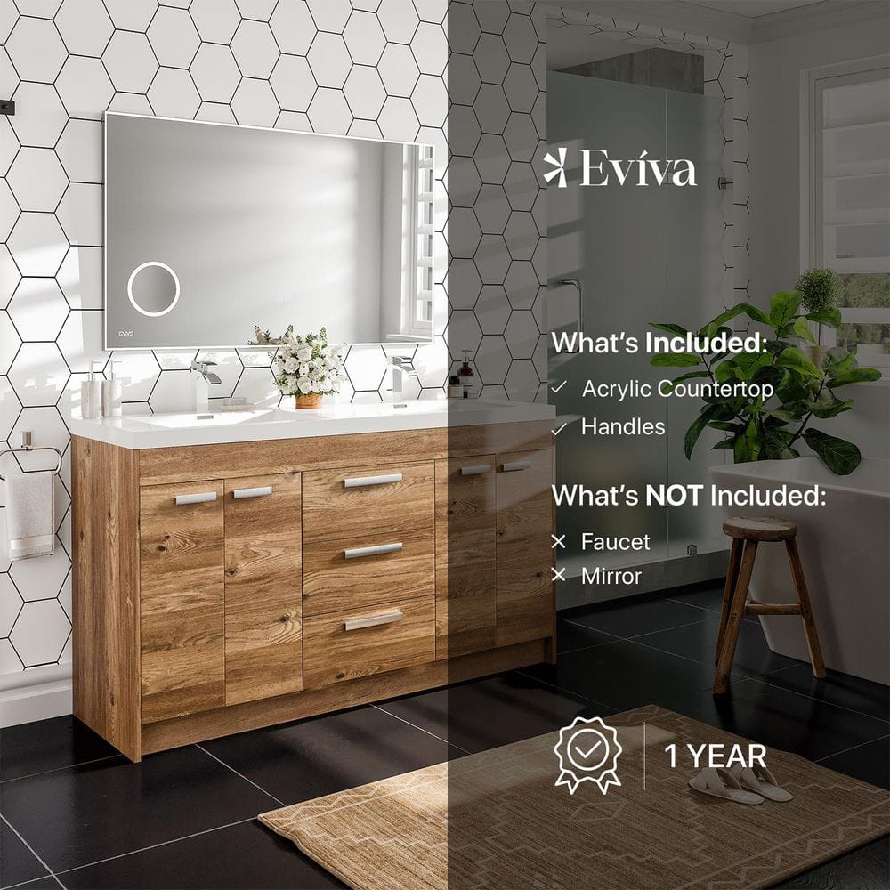 Lugano 60" Natural Oak Double Sink Vanity with White Top