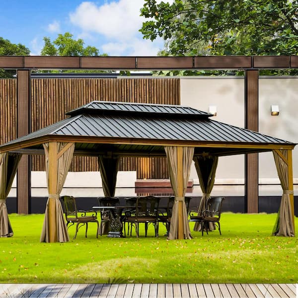 ToolCat 12 ft. x 20 ft. Yellow Brown Wood Grain Aluminum Double Galvanized Steel Roof Gazebo with Mosquito Netting and Curtains