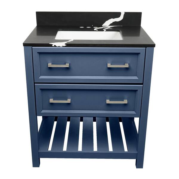 Ella Tremblant 31 in. W x 22 in. D x 36 in. H Bath Vanity in Navy Blue with Quartz Stone Calacatta Black Top with White Basin
